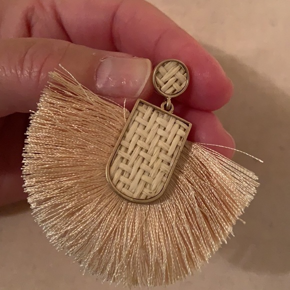 15. Earrings:  tan colored tassels with woven detail - Picture 4 of 11